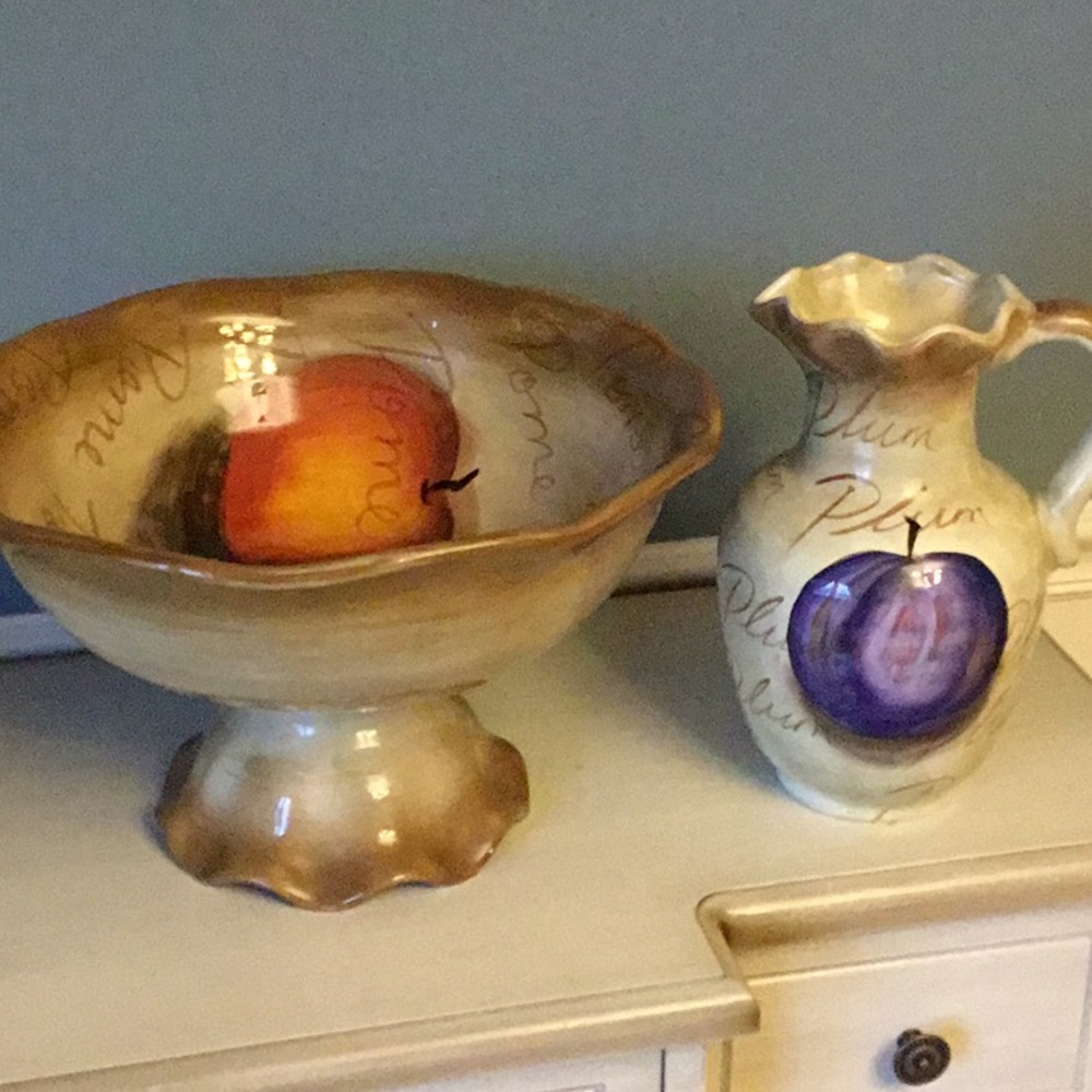 Rustic fruit bowl and water picture